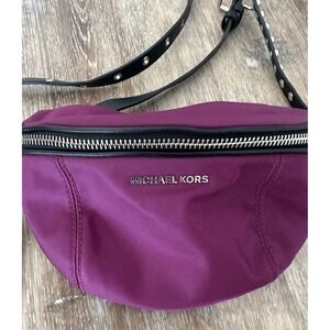Michael Kors Fanny Bag Purple Waist Pack Nylon Black Leather Belt Grommets Purse